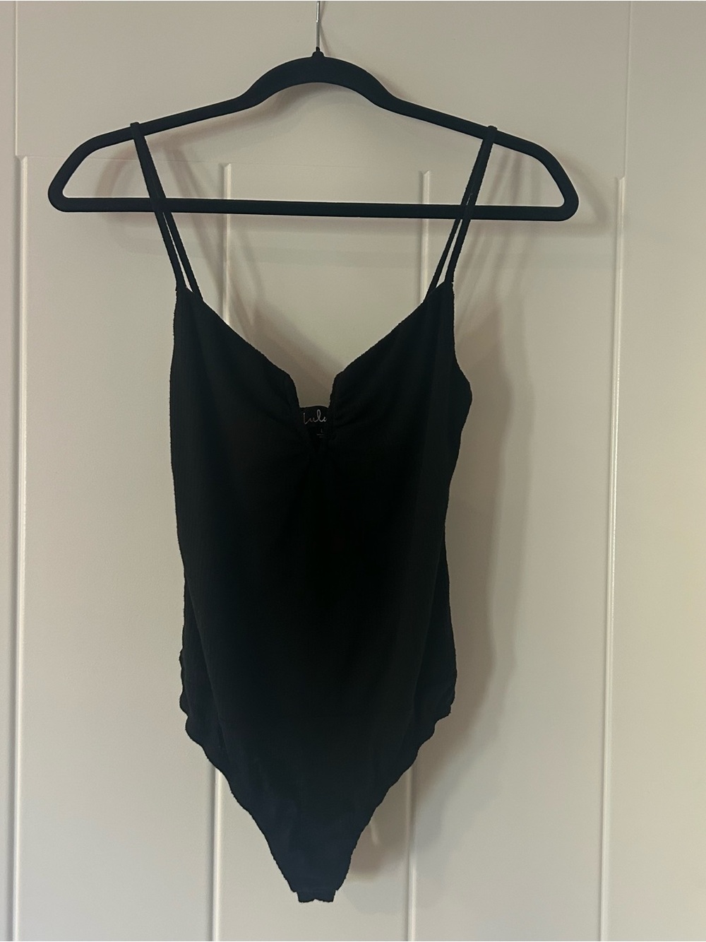 Lulu’s Black Ribbed Spaghetti Strap Bodysuit